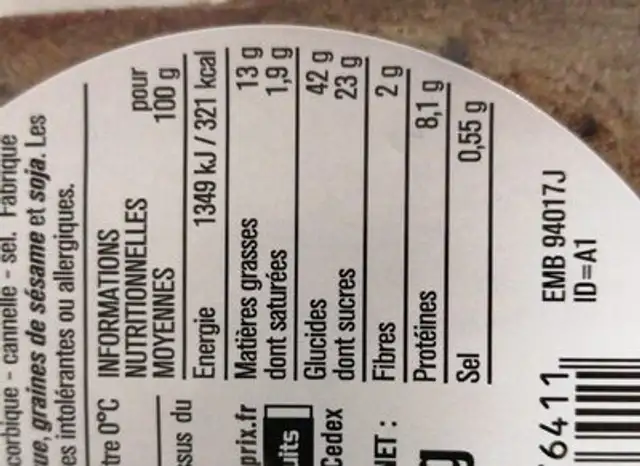 Cake banane et noix nutrition facts table