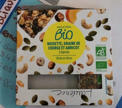 Noisette, graine de courge et abricot, 3 barres front packaging