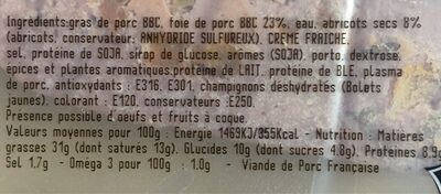 Cremeux aux abricots. Mousse de foie nutrition facts table