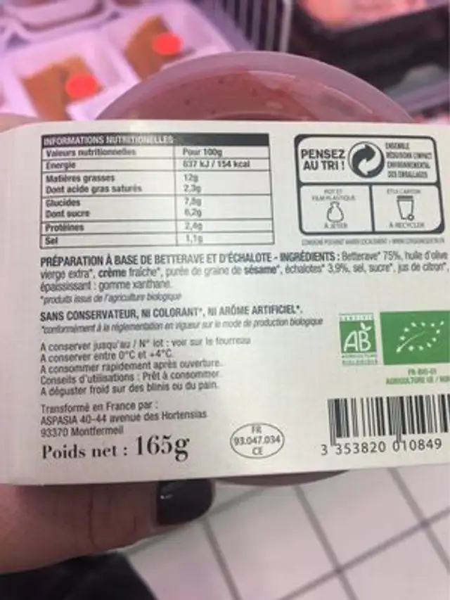 Mousse de betterave à l’echalote nutrition facts table