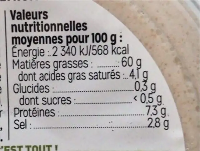 Tarama Premium nutrition facts table