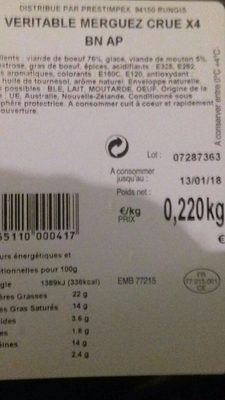 Véritable merguez crue front packaging