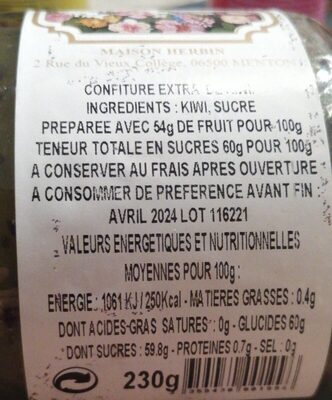 Confiture Kiwi nutrition facts table