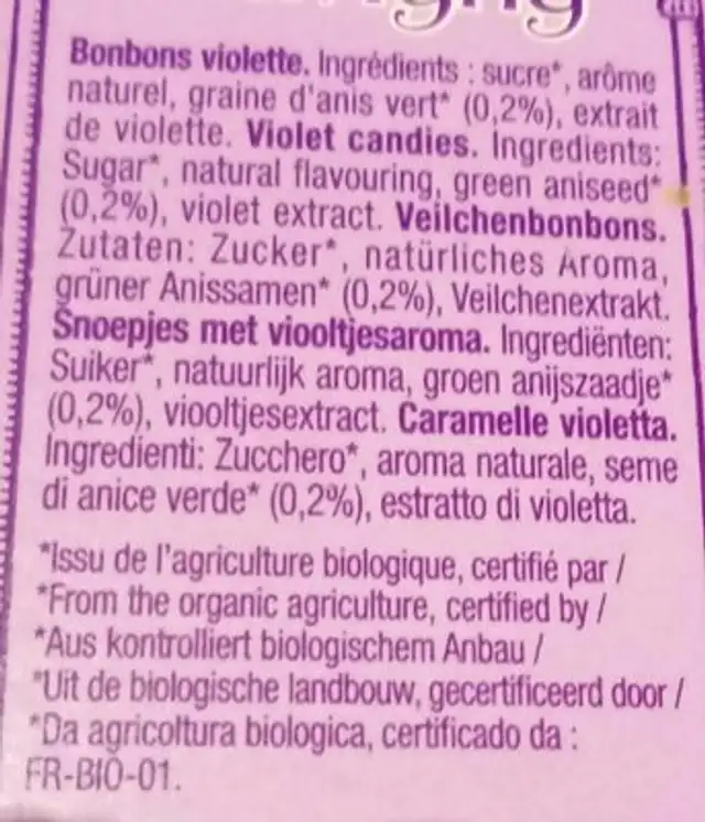 Etui 18g violette bio ingredients label