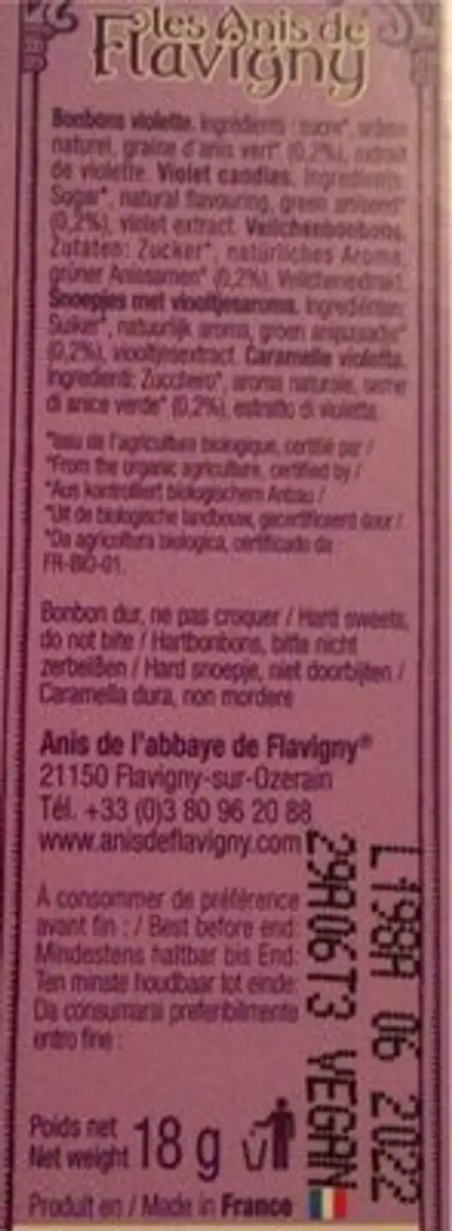 Etui 18g violette bio nutrition facts table
