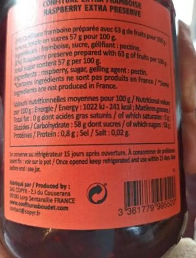 Confiture extra Framboise nutrition facts table