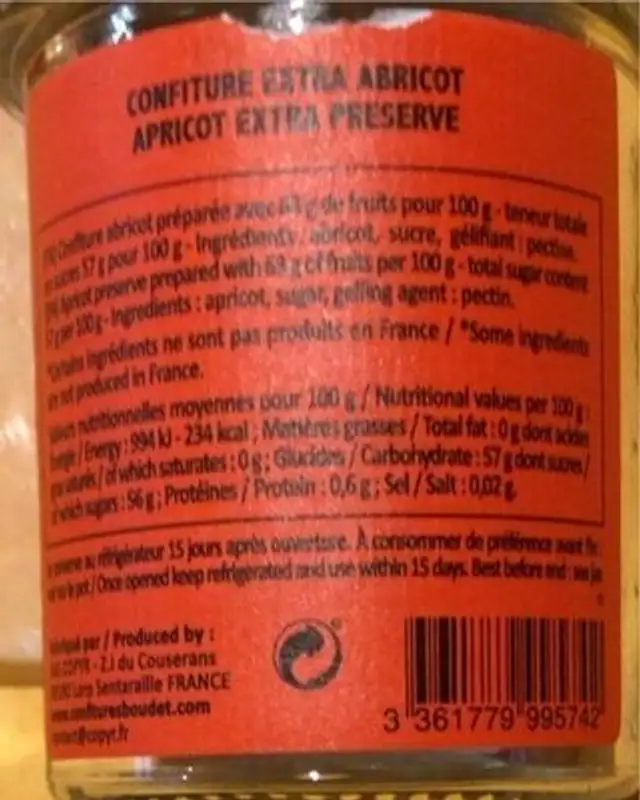 Confiture extra abricot nutrition facts table