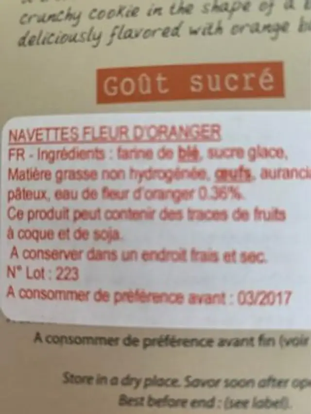 Navettes fleur d'oranger ingredients label