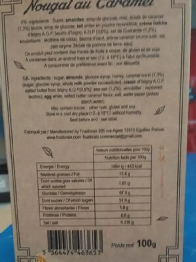 Nougat au Caramel nutrition facts table