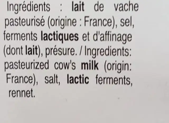 Coulomliers ingredients label