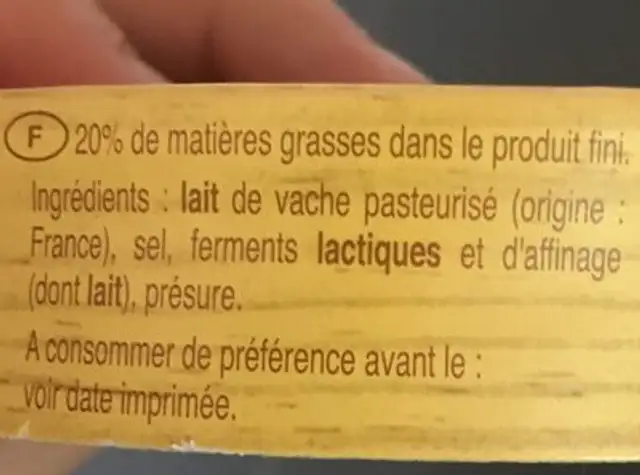 Fromage au lait pasteurisé ingredients label
