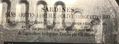 Sardines sans arêtes à l'huile d'olive vierge extra bio ingredients label