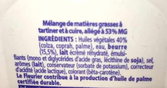 Matière grasse à tartiner ingredients label