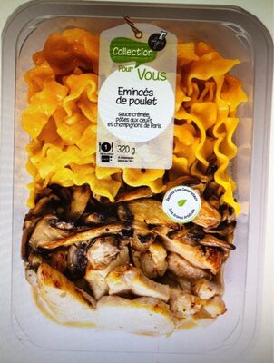 Emincé de poulet, pâtes aux oeufs et champignons