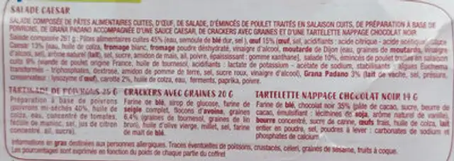Caesar poulet oeuf & grana padano ingredients label