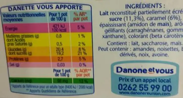 Danette nutrition facts table