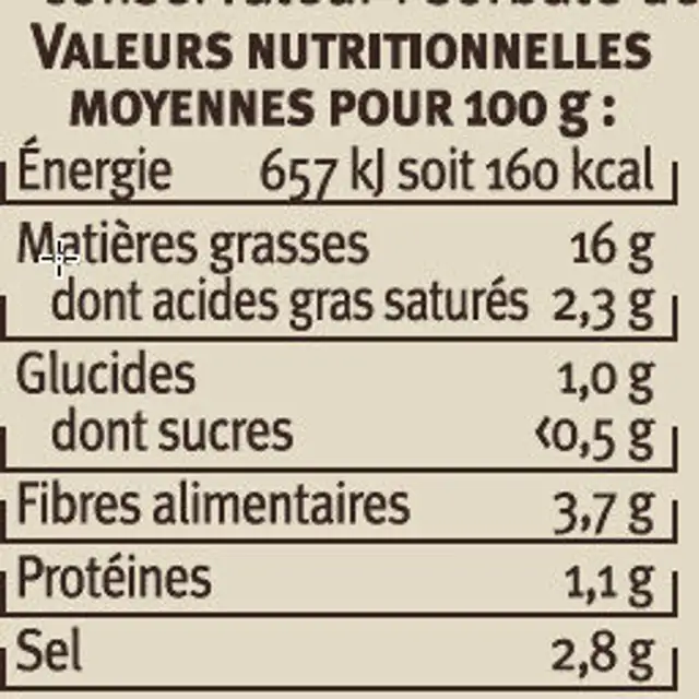 Olives à la provençale avec poivrons et herbes aromatiques 150g nutrition facts table