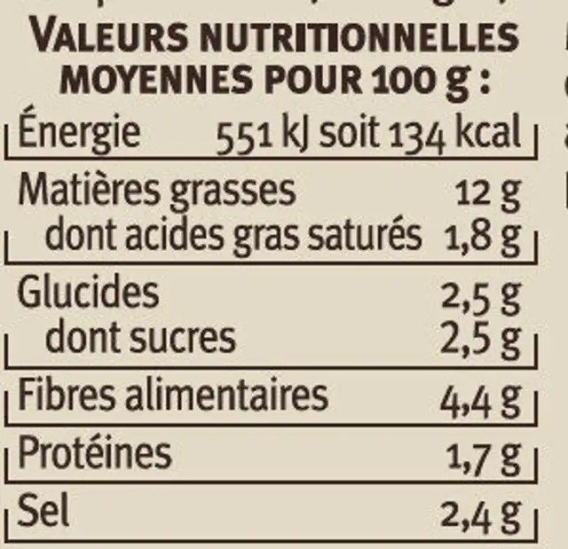 Olives et tomates semi séchées 150g nutrition facts table