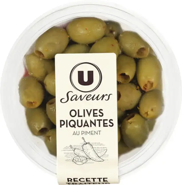 Olives vertes piquantes avec poivrons et piment 150g front packaging