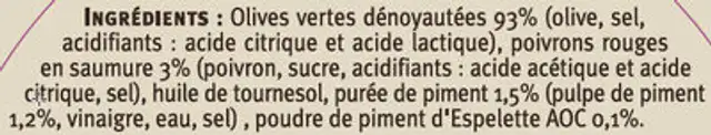 Olives vertes piquantes avec poivrons et piment 150g ingredients label
