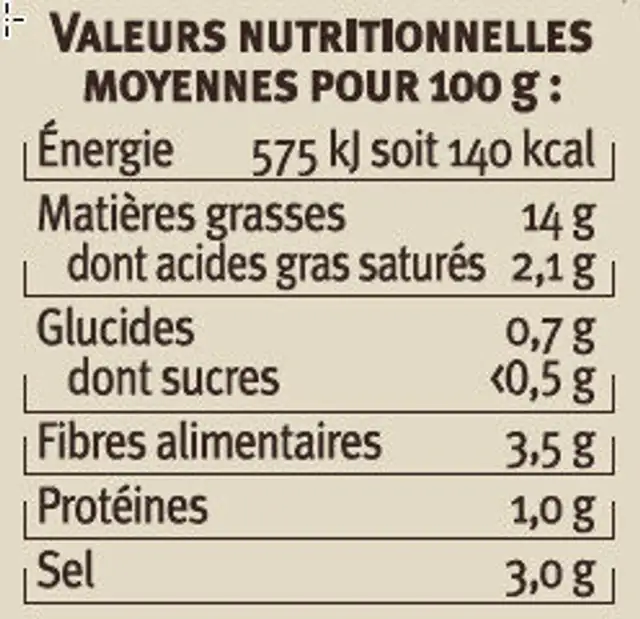 Olives vertes piquantes avec poivrons et piment 150g nutrition facts table