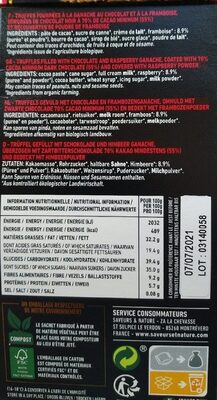 Truffes a La Framboise nutrition facts table