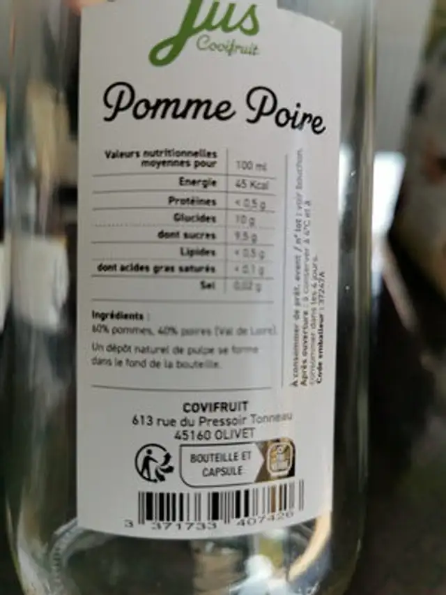 Jus de Pomme Poire ingredients label