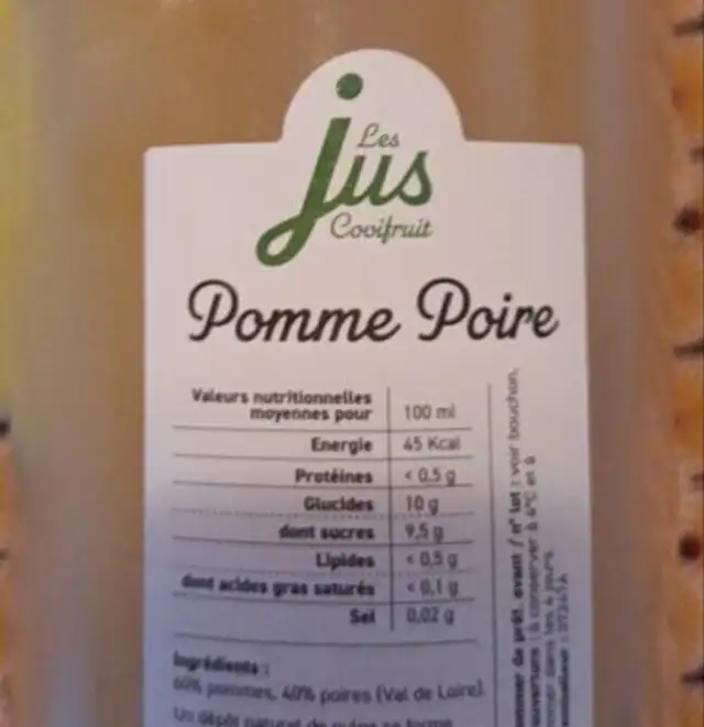 Jus de Pomme Poire nutrition facts table