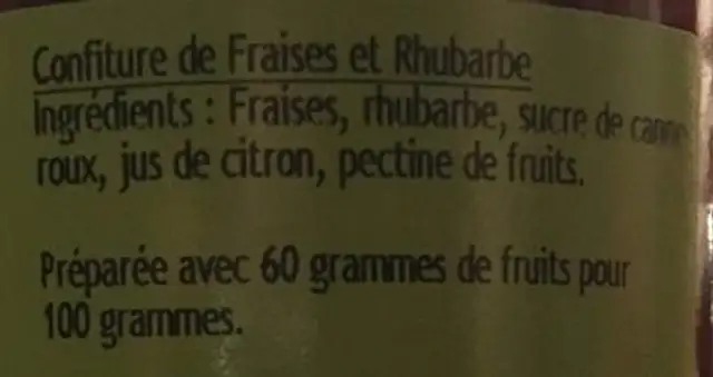 Confiture fraise et rhubarbe ingredients label