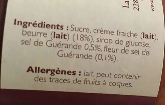 Creme de caramel au beurre sale BISCUITERIE DES ILES ingredients label
