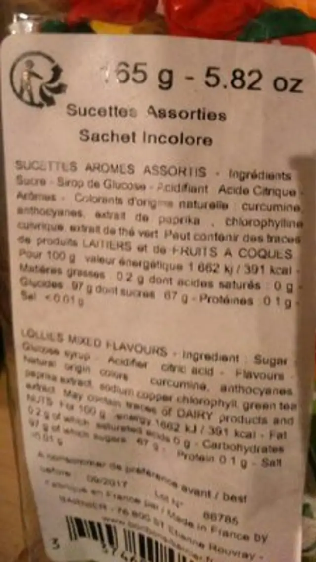 Sucettes nutrition facts table