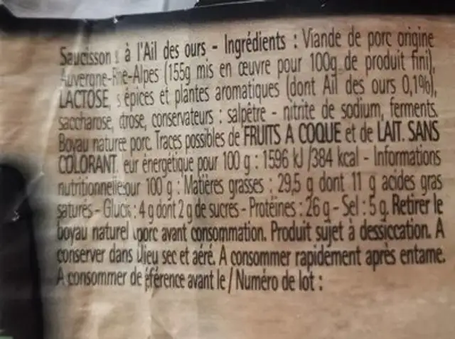 Saucisson sec ail des ours nutrition facts table