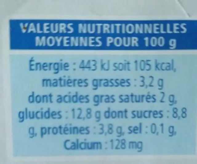 Yaourt brassé vanille nutrition facts table