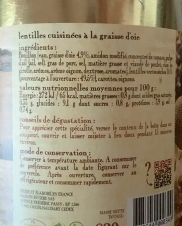 Lentilles vertes cuisinées à la graisse d'oie nutrition facts table