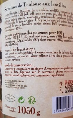 Les saucisses de Toulouse aux lentilles nutrition facts table
