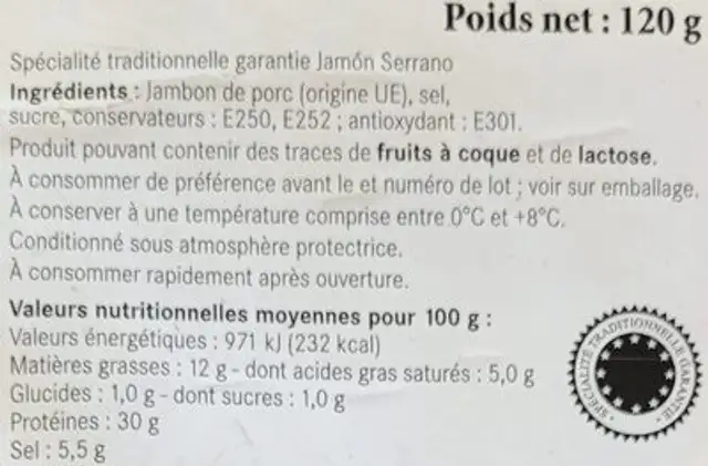 Chiffonade jamón nutrition facts table