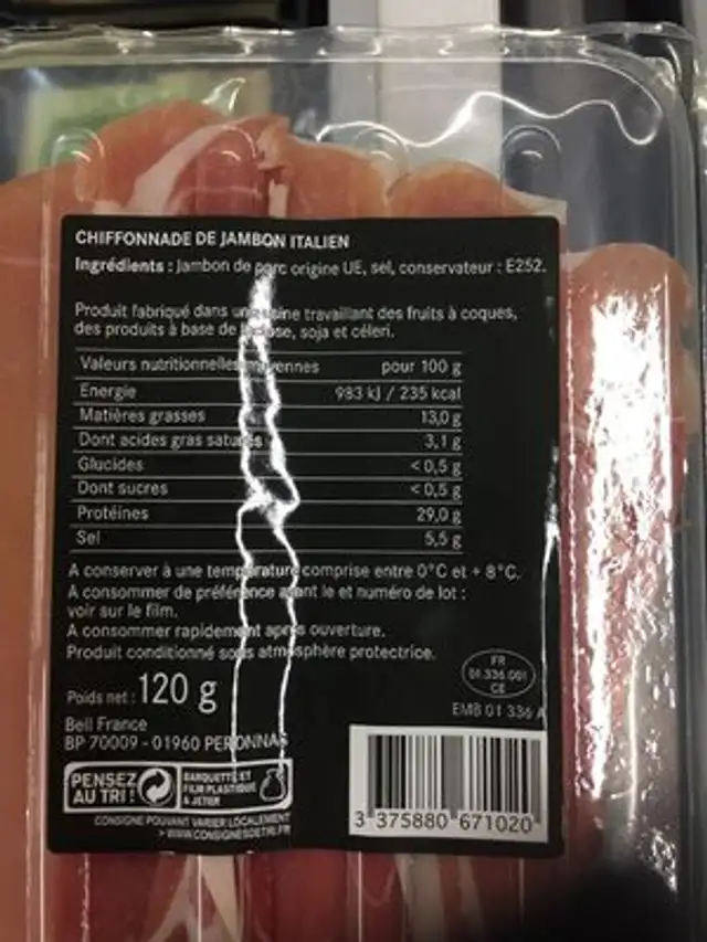 Les chiffonnade jambon italien 120g ingredients label