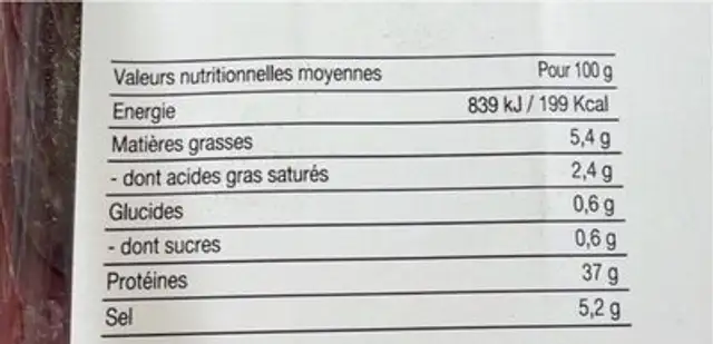 Viande de boeuf sechee des Alpes nutrition facts table