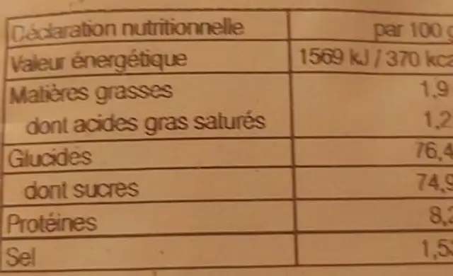 Boisson arôme cacao 14% nutrition facts table