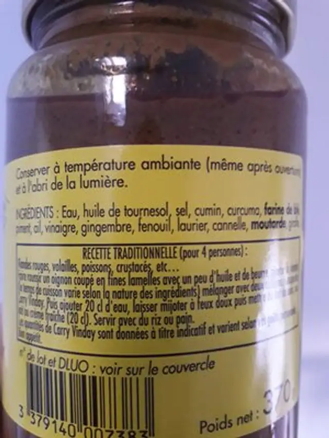 Carry Vinday ingredients label