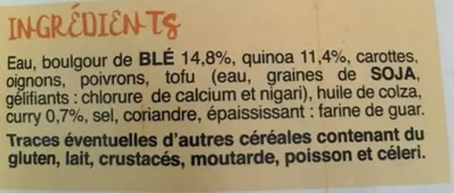 Boulgour quinoa au curry ingredients label