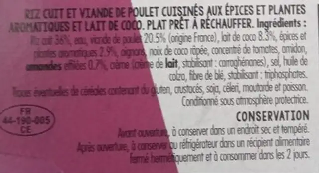 Poulet Korma et riz ingredients label