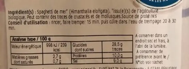 Spaghettis de mer nutrition facts table