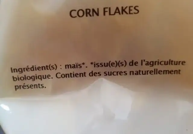 Corn flakes Bio ingredients label