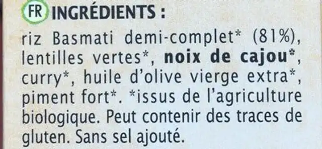 Recette Indienne au riz Basmati ingredients label