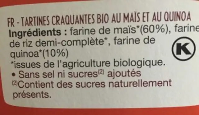 Tartines Craquantes bio au maïs et quinoa ingredients label