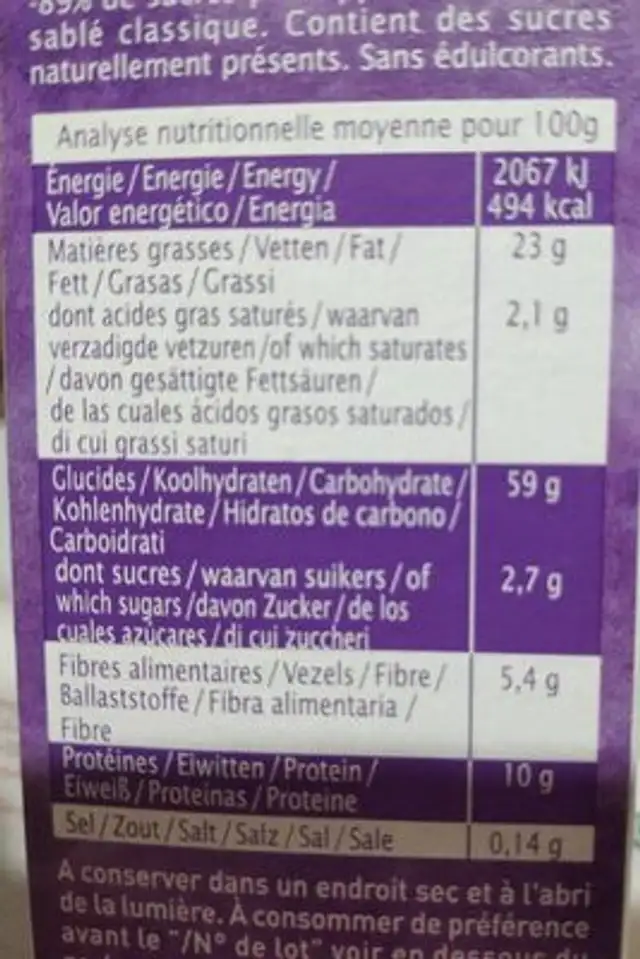 Seed shortbread nutrition facts table