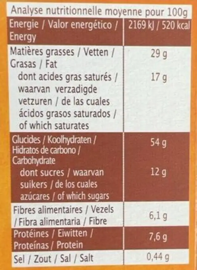 Feuilletés croustillants nutrition facts table