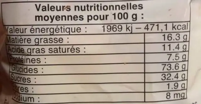 Croq'en Auvergne aux Noisettes nutrition facts table