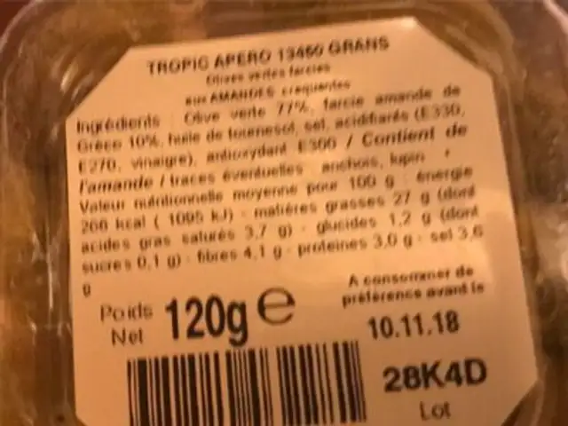 Olives vertes farcies a l'amande ingredients label